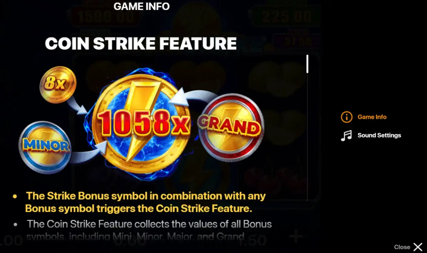 Coin Strike Feature explanation screen showing Strike Bonus collecting all coin values in the UK.