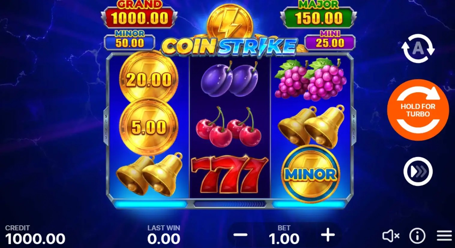 Coin Strike slot gameplay screen with reels, jackpots and betting controls in the UK.